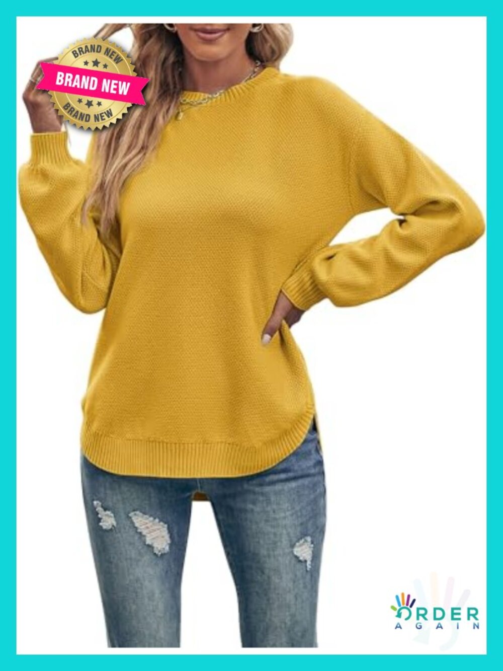 Waffle Knit Sweater Balloon Long Sleeve Crew Neck Pullover